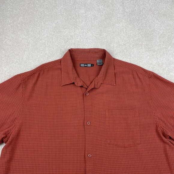 REI Shirt Mens XL Orange Check Button Up Short Sleeve Hiking Outdoor Rayon Blend - Picture 3 of 11